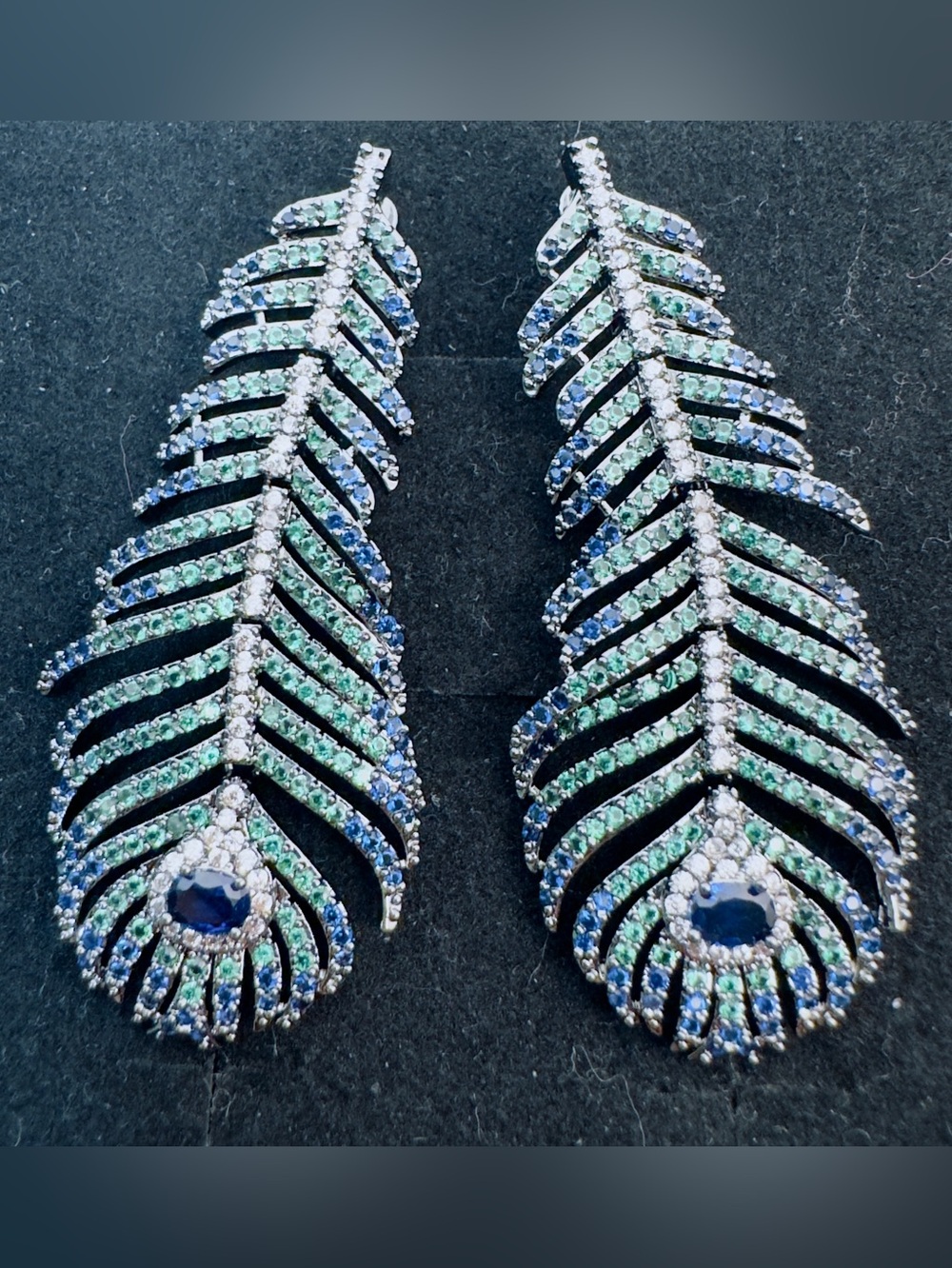 Blue & Green Peacock Feather Drop Earrings